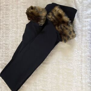 BLACK ANKLE TIGHTS w/leopard faux fur ankles. Halloween or winter wear. NWT